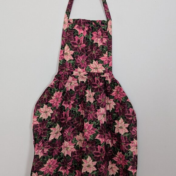 Vintage 1980s Child's Apron Pink Purple Poinsettias Quilted Front All Cotton USA - Picture 1 of 16